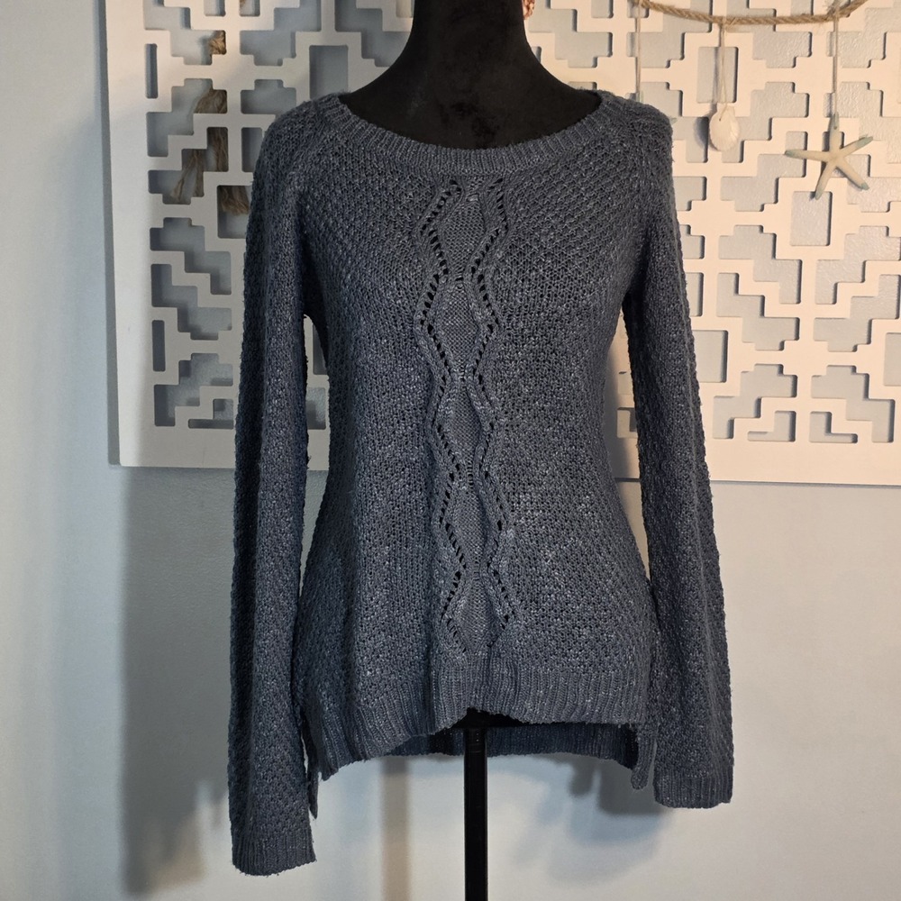 Pink Rose Premium Blue Gray Knit Sweater Womens M Cable Knit Long Sleeve
